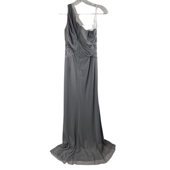 Davids Bridal - Bridesmaid Dress -  Grey One-Shoulder Mesh Dress with Lace Inset - Picture 2 of 11